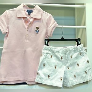 Girls Pink Ralph Lauren Polo with Iconic Bear with matching White Shorts!